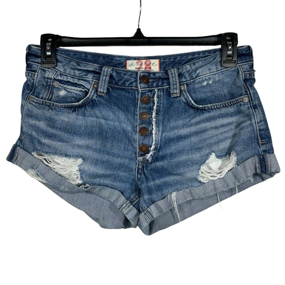 We the Free SZ 28 Jean Shorts Button-Fly Distressed Cuffed Whiskered Free People